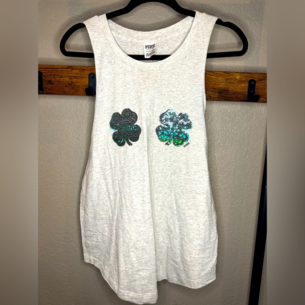 PINK tank top, S, grey with green ombré shamrocks
